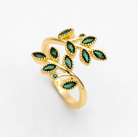 Emerald Leaf Ring - Adjustable Gold Ring